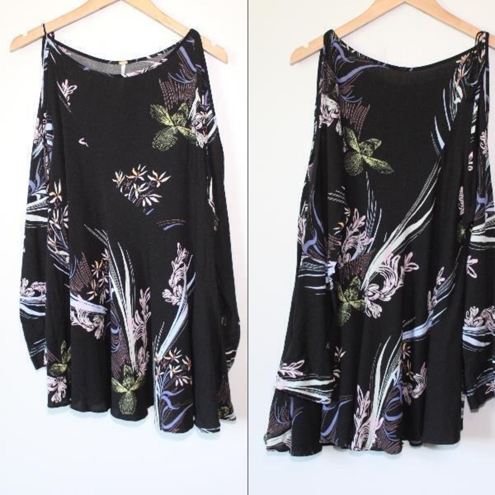 Free People Clear Skies Floral Cold Shoulder Tunic Top Mini Dress Black Size XS - Picture 10 of 12